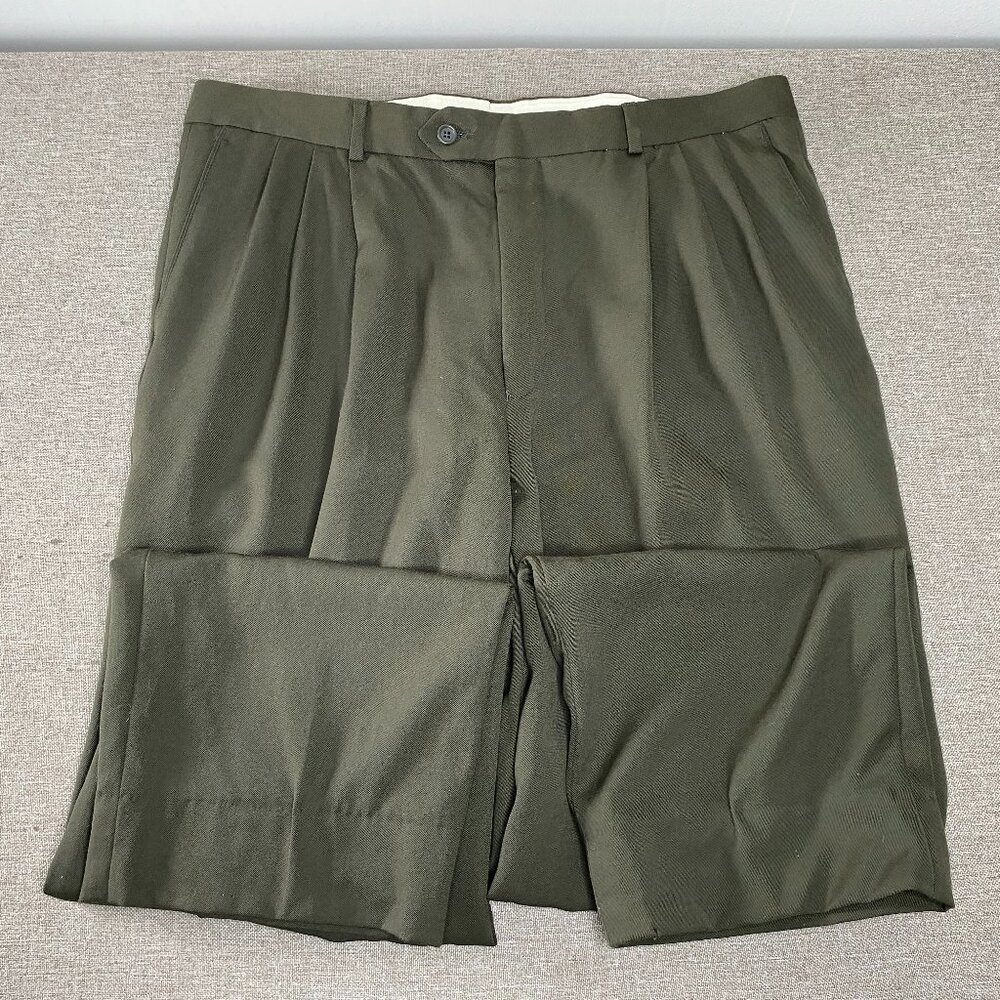 Paul Dione 100% Worsted Wool Pleated Dress Pants Men's 36 Mid Rise Green Office - Picture 3 of 16